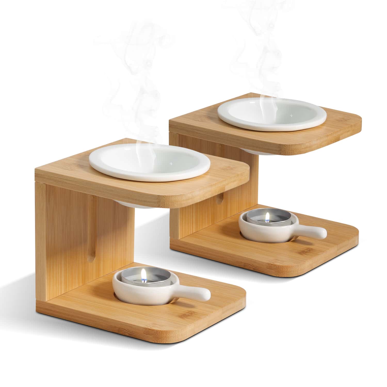 ComSaf 2Pcs Wooden Essential Oil Burner, Scented Wax Melt Burner with Candle Holder, Aromatherapy Aroma Burner Oil Diffuser Candle Tealight Oil Warmer Yoga Spa Home Bedroom Decor Gift - bamboo C - View 1