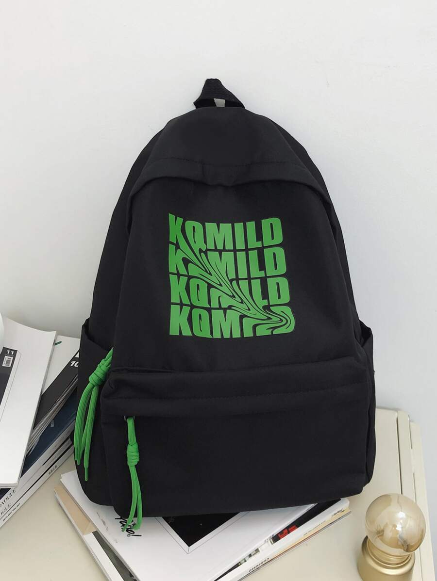 孩子們尼龍布字母有圖案後背包帶大容量適用於學校和旅行 - 黑色 - 查看 1