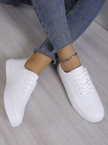 New White Leather Lace-Up Sport Shoes For Women, Round Toe Low-Top Thick-Sole Slip-Resistant Casual Shoes, Fashion Breathable Chunky Sneakers For Students - White - View 4