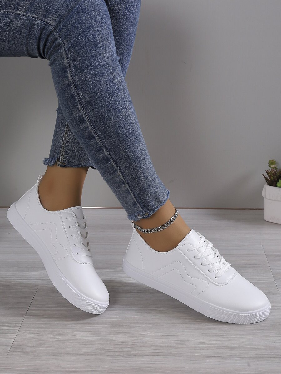 New White Leather Lace-Up Sport Shoes For Women, Round Toe Low-Top Thick-Sole Slip-Resistant Casual Shoes, Fashion Breathable Chunky Sneakers For Students - White - View 1