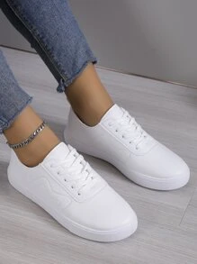 New White Leather Lace-Up Sport Shoes For Women, Round Toe Low-Top Thick-Sole Slip-Resistant Casual Shoes, Fashion Breathable Chunky Sneakers For Students - White - View 3