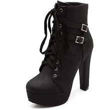 Women's Pump Boots Elegant Platform Round Toe Lace UP High Heels Mid Calf Boots - 黑色 - 查看 4