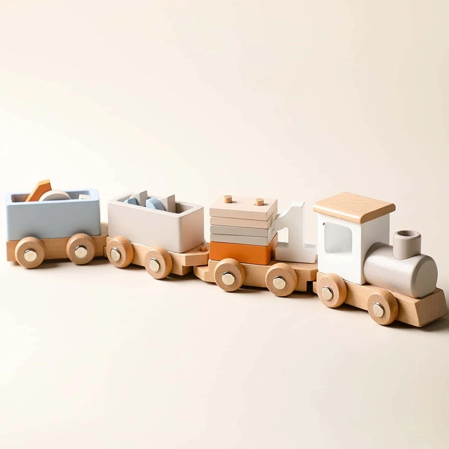 TANSAR Wooden Train Set for Baby Gift Toys with Numbers and Blocks Train Toy 12 PCS for Toddler Boys and Girls 1 2 3 4 5 Brithday Gift - Màu be - Xem 1