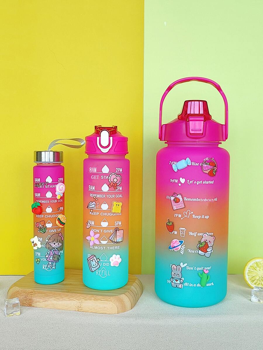 1入組2L或者750ml或者300毫升大容量玫瑰漸變PC水瓶帶3D貼紙運動和健身便攜吸管杯,合適適用於戶外遊玩 - 玫紅色 - 查看 1