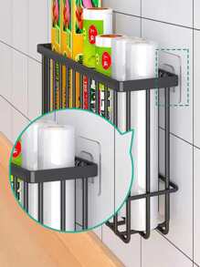 1pc Kitchen Wall-mounted Iron Storage Rack For Cling Film And Tin Foil Without Drilling - Black - View 2