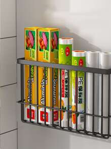 1pc Kitchen Wall-mounted Iron Storage Rack For Cling Film And Tin Foil Without Drilling - Black - View 3