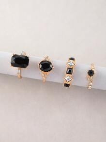 imoli 4pcs/set Minimalist Alloy Geometric Ring Set With Rhinestone Decoration, Perfect For Dating And Gifts For Women - Black - View 3