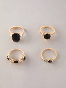imoli 4pcs/set Minimalist Alloy Geometric Ring Set With Rhinestone Decoration, Perfect For Dating And Gifts For Women - Black - View 5