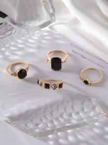 imoli 4pcs/set Minimalist Alloy Geometric Ring Set With Rhinestone Decoration, Perfect For Dating And Gifts For Women - Black - View 6