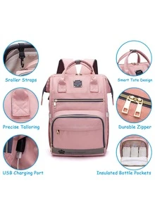 LEQUEEN Baby Large Capacity Multi-Layer Fabric Backpack Diaper Bag - Pink - View 3