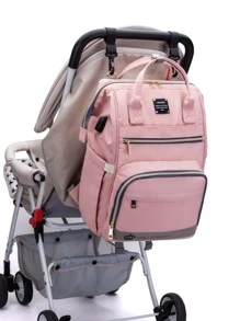 LEQUEEN Baby Large Capacity Multi-Layer Fabric Backpack Diaper Bag - Pink - View 1