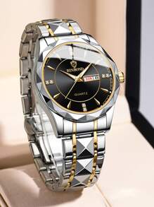 1 pieza Reloj de cuarzo dorado para hombres con esfera de diamante, luminoso y calendario - Negro - Ver 1