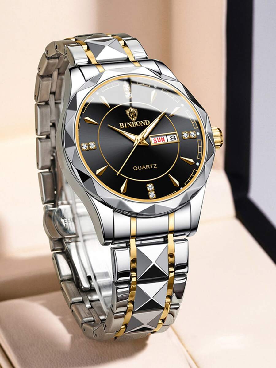 1 pieza Reloj de cuarzo dorado para hombres con esfera de diamante, luminoso y calendario - Negro - Ver 1