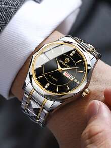 1 pieza Reloj de cuarzo dorado para hombres con esfera de diamante, luminoso y calendario - Negro - Ver 2