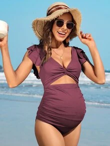 Maternity Ribbed Ruffle Trim One-Piece Swimsuit, Maternity Bathing Suit - Burgundy - View 3