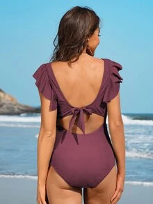 Maternity Ribbed Ruffle Trim One-Piece Swimsuit, Maternity Bathing Suit - Burgundy - View 2