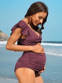 Maternity Ribbed Ruffle Trim One-Piece Swimsuit, Maternity Bathing Suit - Burgundy - View 4