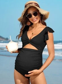 Maternity Ribbed Ruffle Trim One-Piece Swimsuit - Black - View 1