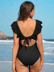 Maternity Ribbed Ruffle Trim One-Piece Swimsuit - Black - View 2