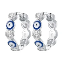 Bamoer 925純銀藍色邪惡之眼耳扣，心形鋯石鈎扣耳環，女士珠寶禮物 BSE806 - 銀色 - 查看 1
