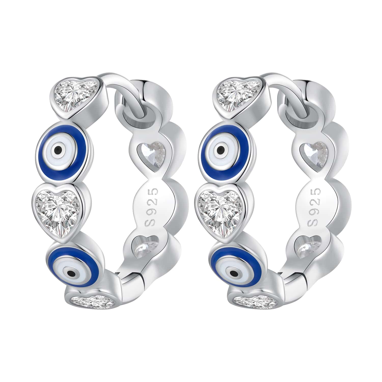 Bamoer 925純銀藍色邪惡之眼耳扣，心形鋯石鈎扣耳環，女士珠寶禮物 BSE806 - 銀色 - 查看 1