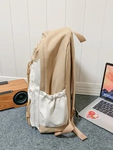 2023 New Arrival Colorblock Korean Style Backpack, Simple & Fashionable All-match School Bag With Large Capacity & Laptop Compartment - Khaki - View 2