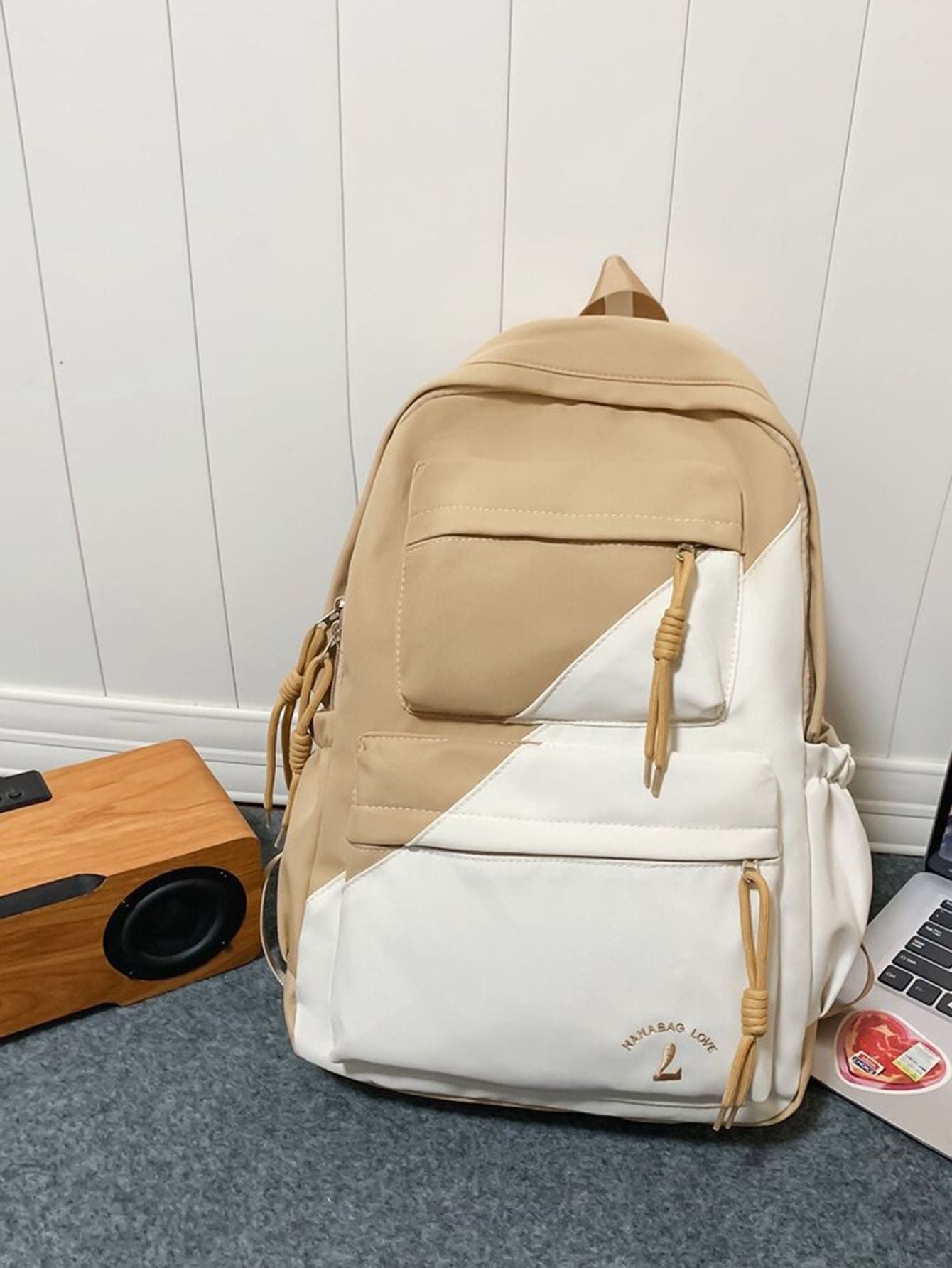 2023 New Arrival Colorblock Korean Style Backpack, Simple & Fashionable All-match School Bag With Large Capacity & Laptop Compartment - Khaki - View 1