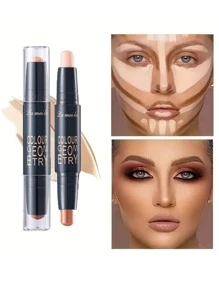 1pc 2-Color Double Headed Contouring Penn, Highlighter Concealer Stick, Natural Stereoscopic Facial Contouring Makeup Stick ( Natural Color + Light Coffee) - Multicolor - View 1