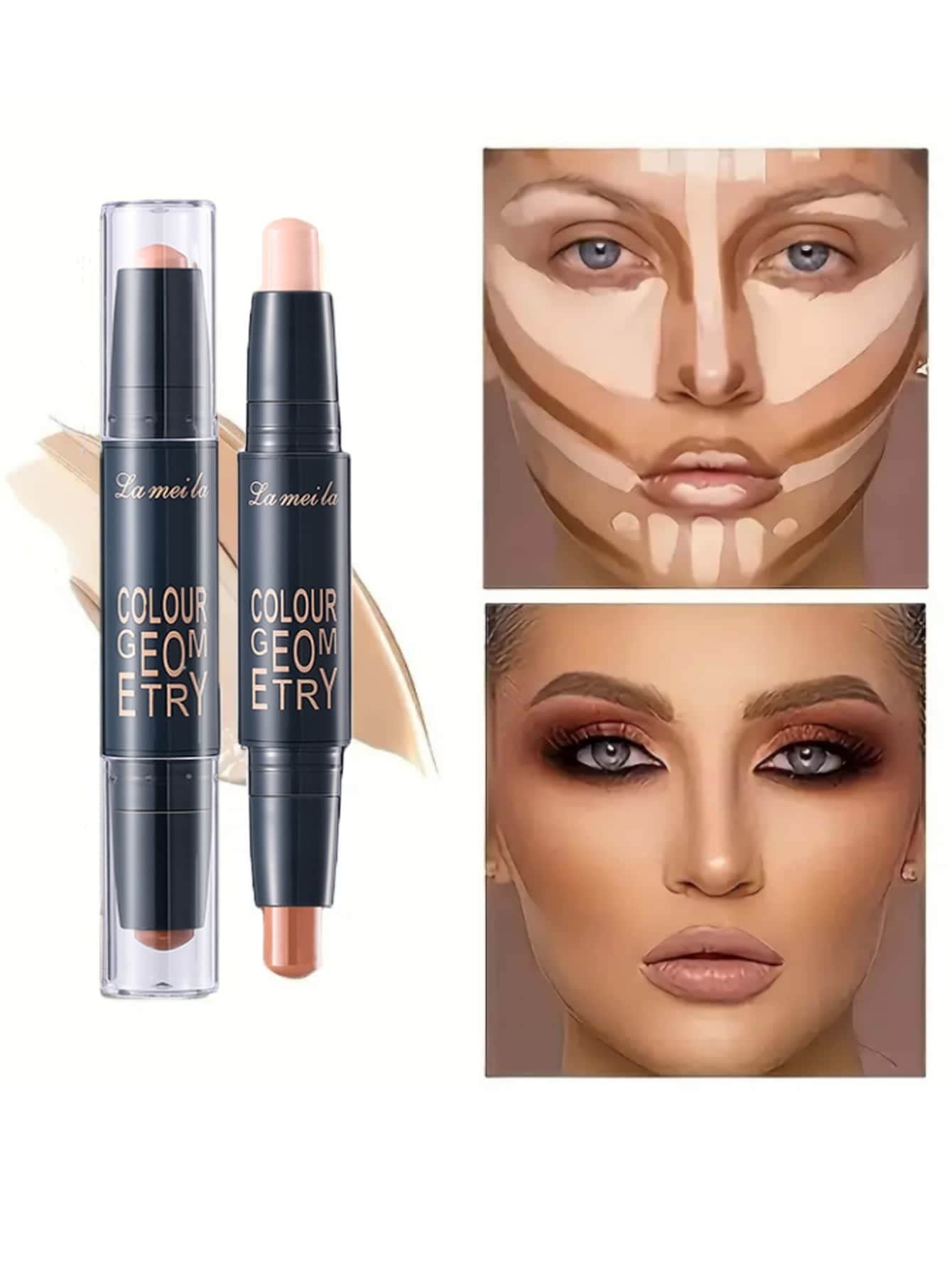 1pc 2-Color Double Headed Contouring Penn, Highlighter Concealer Stick, Natural Stereoscopic Facial Contouring Makeup Stick ( Natural Color + Light Coffee) - Multicolor - View 1