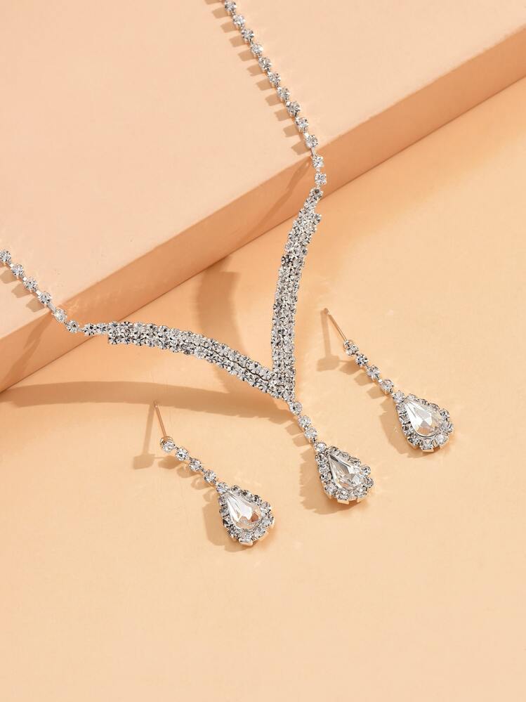 con diamante de imitación decorado de lágrima Collar con colgante con Set pendiente , perfecto para banquete elegante Bisutería - Plateado - Añade 3