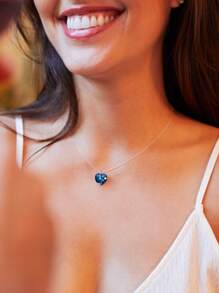 1pc European And American Fashion S925 Sterling Silver Zirconia Pendant Necklace With Transparent Wire, Clavicle Chain, Simple And Elegant Style, Suitable For Women's Daily Wear, A Must-Have Accessory, Ideal Gift For Girls/Women - Royal Blue - View 3