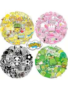 Finego 200pcs Color System Mixed Yellow Pink Black White Green Stickers Mixed Cartoon Fresh And Simple Water Cup Stickers - Multicolor - View 1