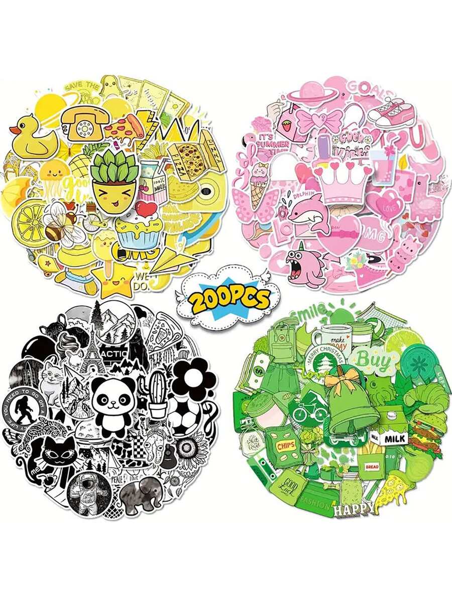 Finego 200pcs Color System Mixed Yellow Pink Black White Green Stickers Mixed Cartoon Fresh And Simple Water Cup Stickers - Multicolor - View 1