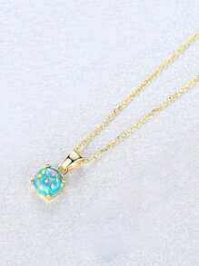 FOREVER QUEEN 1入女士項鍊,925純銀製造,外掛14k金,藍色蛋白石,經典單鑽款式,圓形,8毫米,總重量1克拉 - 金色 - 查看 6