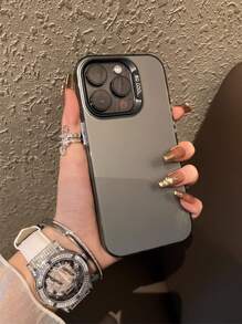 1 Pc Frosted IMD Metallic Feeling Dual-Layer Silver Electroplated Button Phone Protective Case - Black - View 5