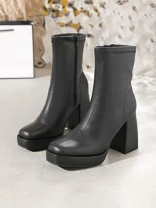 Women's Black Short Boots With Square Toe, Platform And Chunky Heel - Black - View 5
