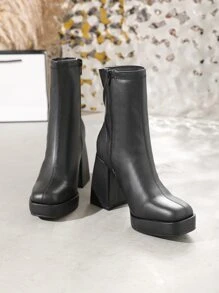 Women's Black Short Boots With Square Toe, Platform And Chunky Heel - Black - View 6