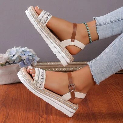 Women's Holiday Style Woven Ankle Strap Sandals With Sparkly Decorations