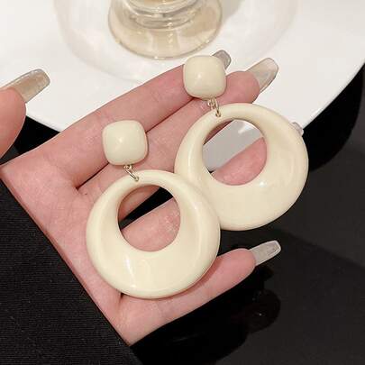1雙法語復古風格奶油大圓形耳環,圓形誇張幾何耳朵首飾類