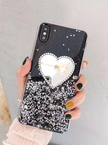 Heart Shape Mirror, Glitter And Drop Resistant Phone Case Compatible With Iphone 15promax, 14, 13, 12, 11 - Black - View 1
