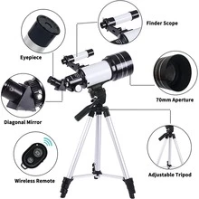 望遠鏡適用於兒童,70mm光圈300mmAZ安裝帶可調節三角架和充分光學,便攜天文學望遠鏡,無線遙控器 - 黑與白 - 查看 3