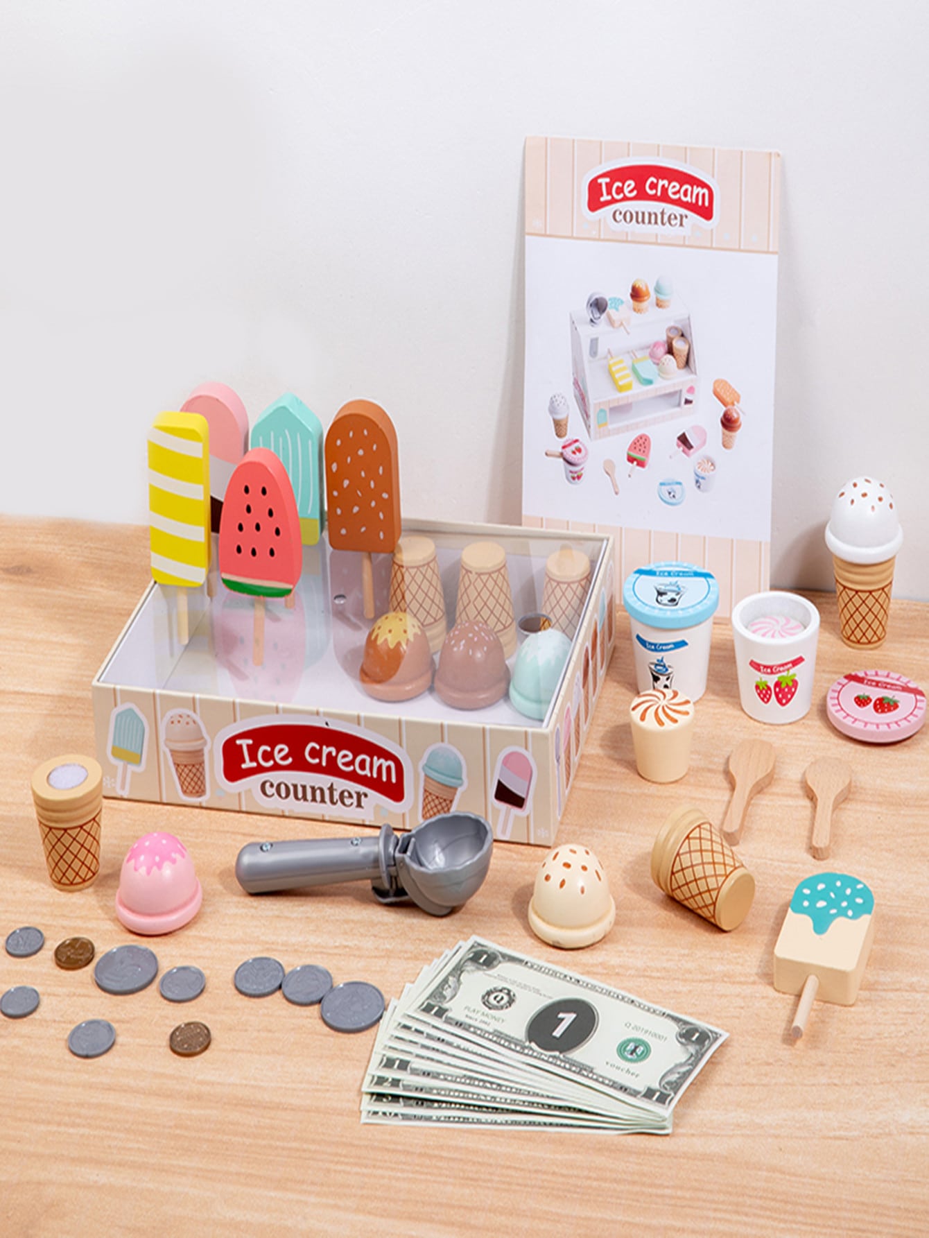 Kids' Role Play Wooden Kitchen Toy Set With Simulated Food, Afternoon Tea, Desserts, Cakes, Ice Cream