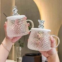 1pc Bear Pattern Glass Coffee Cup, Creative Heat Resistant Mug For Home - White - View 1