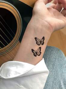 件蝴蝶臨時紋身貼紙，甜美酷炫風格 - 黑色 - 查看 3