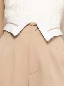 Calça feminina Alfaiataria com Cintura branca Virado fora estilo Moda Casual - Bege - Visão 4