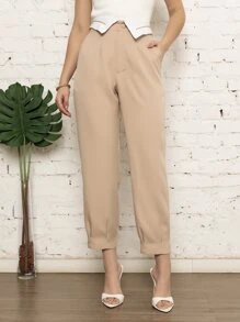 Calça feminina Alfaiataria com Cintura branca Virado fora estilo Moda Casual - Bege - Visão 1