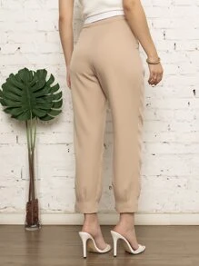Calça feminina Alfaiataria com Cintura branca Virado fora estilo Moda Casual - Bege - Visão 3