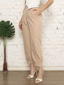 Calça feminina Alfaiataria com Cintura branca Virado fora estilo Moda Casual - Bege - Visão 2