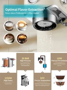 Gevi 20 Bar Compact Professional Espresso Coffee Machine with Milk Frother/Steam Wand for Espresso, Latte and Cappuccino, Stainless Steel, 35 Oz Removable Water Tank