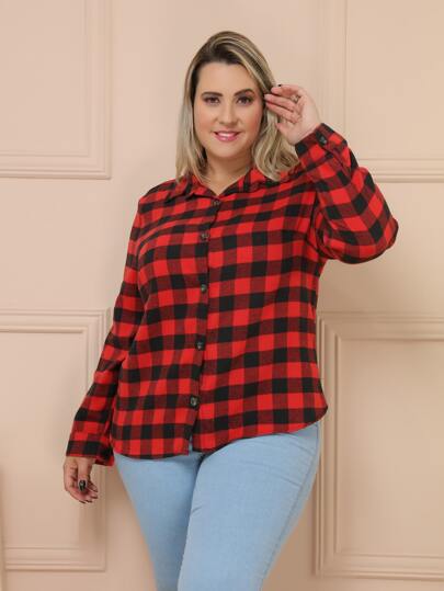Blusa Camisa Feminina Desenho Xadrez Flanelada Tamanho Plus Size G1 G2 G3 Manga Longa